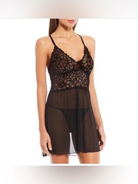 Cassandra Renee Lace Mesh V-Neck Racerback Babydoll Set NWT M